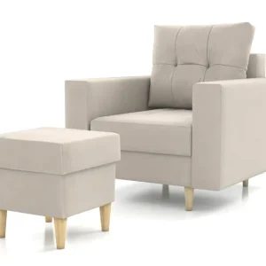 Sessel mit Fußstütze Vaso hellbeige bequemer Sessel für Wohnzimmer im skandinavischen Stil weicher Sitz hohe Holzbeine Günstig