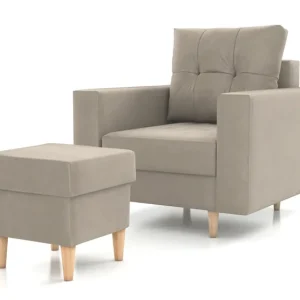 Sessel mit Fußstütze Vaso dunkelbeige bequemer Sessel für Wohnzimmer im skandinavischen Stil weicher Sitz hohe Holzbeine Neu Im Sortiment
