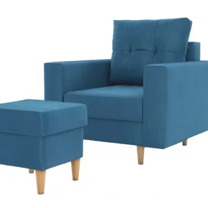 Sessel mit Fußstütze Vaso blau bequemer Sessel für Wohnzimmer im skandinavischen Stil weicher Sitz hohe Holzbeine Schnäppchen
