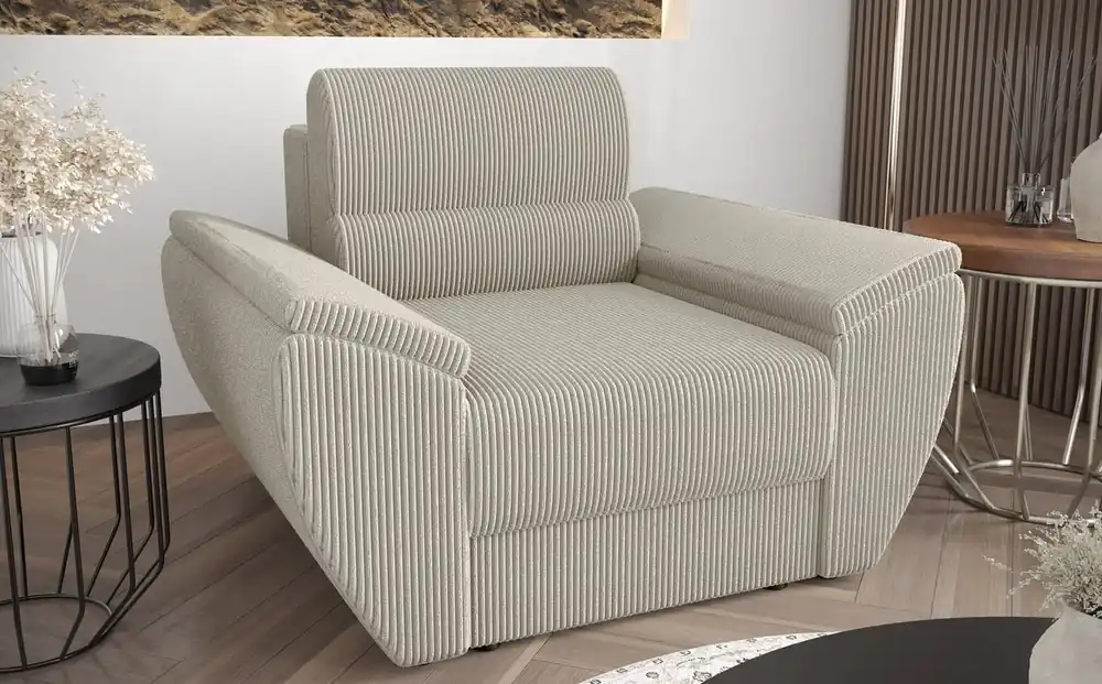 Sessel Fogu Elfenbein modernes Design bequemer Sessel für Wohnzimmer Cordstoff mit ausdrucksvollen Streifen breite Armlehnen Zertifiziert