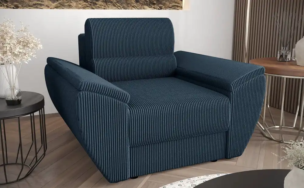 Neue Ware Sessel Fogu blau modernes Design bequemer Sessel für Wohnzimmer Kordstoff mit ausdrucksstarken Streifen breite Armlehnen