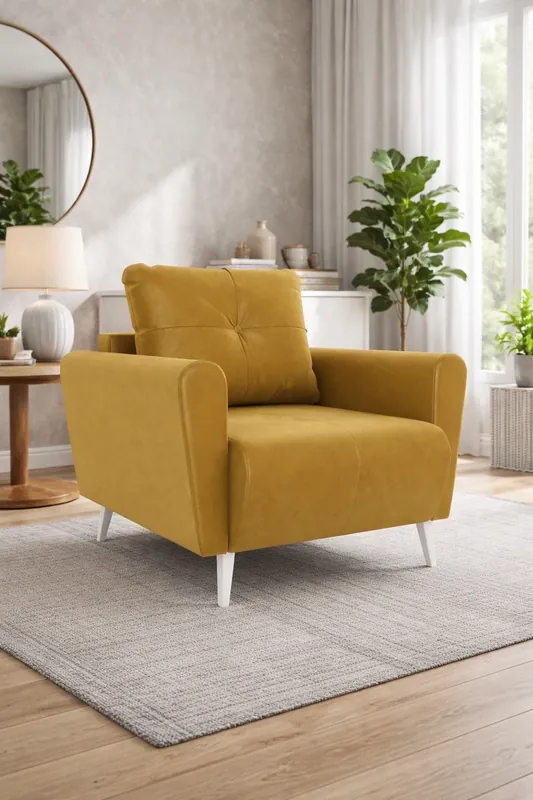 Kracherpreis Sessel Felicie Senfgelb eleganter Sessel für das Wohnzimmer mit einem geräumigen und weichen Sitz Holzbeine hinzufügen visuelle Leichtigkeit