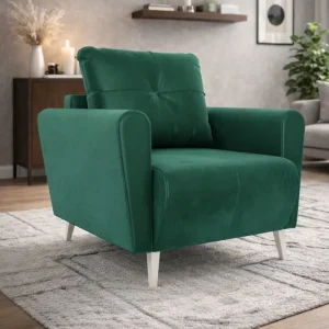 Sessel Felicie Flasche grün eleganter Sessel für Wohnzimmer mit geräumigen und weichen Sitz Holzbeine geben visuelle Leichtigkeit Markenware