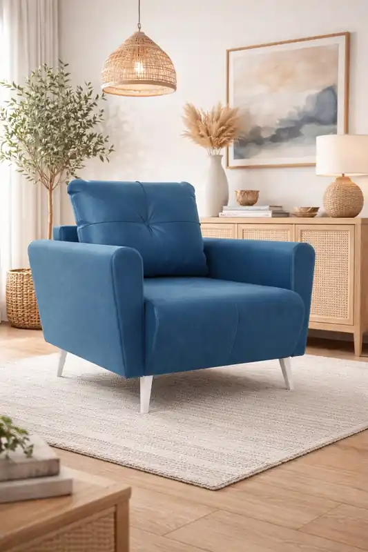 Sessel Felicie blau eleganter Sessel für das Wohnzimmer mit einem geräumigen und weichen Sitz Holzbeine hinzufügen visuelle Leichtigkeit Beliebt