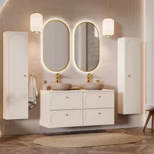 Versand Am Gleichen Tag Badmöbel-Set Donna Sand beige elegante Badezimmerschränke mit dekorativen abgerundeten Fräsungen an den Fronten Goldgriffe