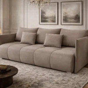 Preis Gesenkt Sofa mit Schlaffunktion Selva dunkelbeige Funktionssofa für das Wohnzimmer mit Bettzeugbehälter aus Stoff mit Plüschoberfläche