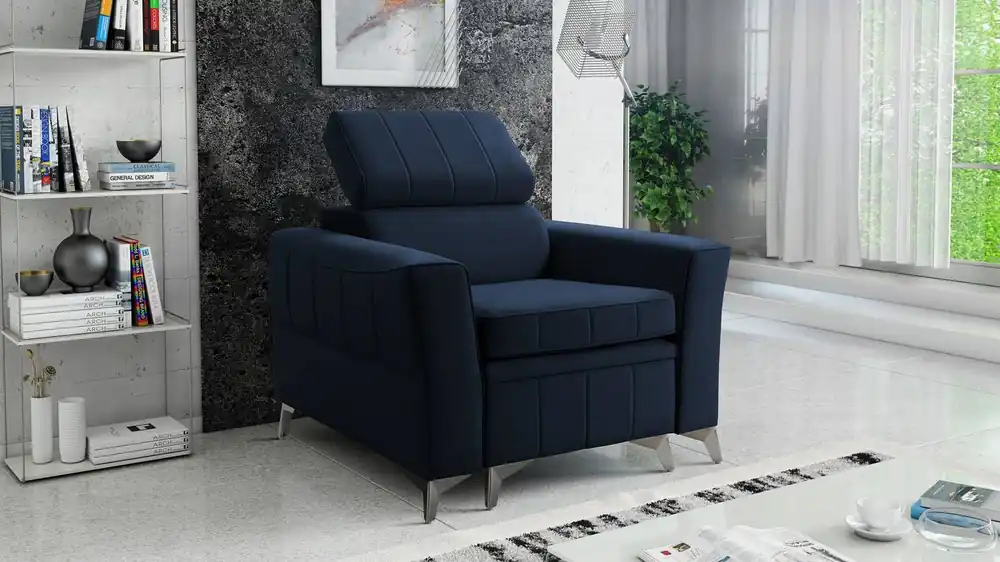 Preis Gesenkt Rava Sessel navy blue Praktischer und bequemer Sessel für das Wohnzimmer mit verstellbarer Kopfstütze und einem weichen Samtstoff