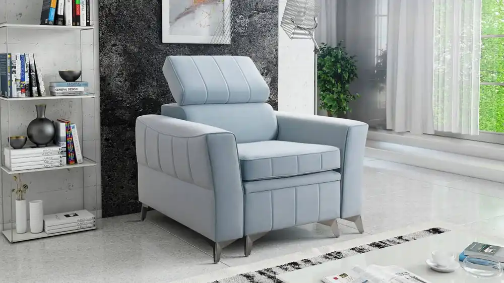 Markenprodukt Rava Sessel blau praktischer und bequemer Sessel für das Wohnzimmer mit verstellbarer Kopfstütze und weicher Samtablage