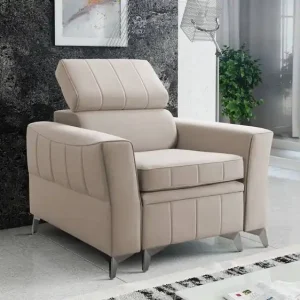 Kracherpreis Rava Sessel hellbeige praktischer und bequemer Sessel für das Wohnzimmer mit verstellbarer Kopfstütze und weichem Samtstoffbehälter