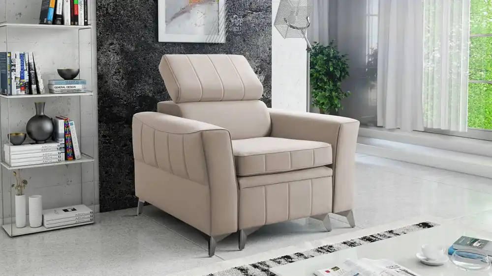 Kracherpreis Rava Sessel hellbeige praktischer und bequemer Sessel für das Wohnzimmer mit verstellbarer Kopfstütze und weichem Samtstoffbehälter