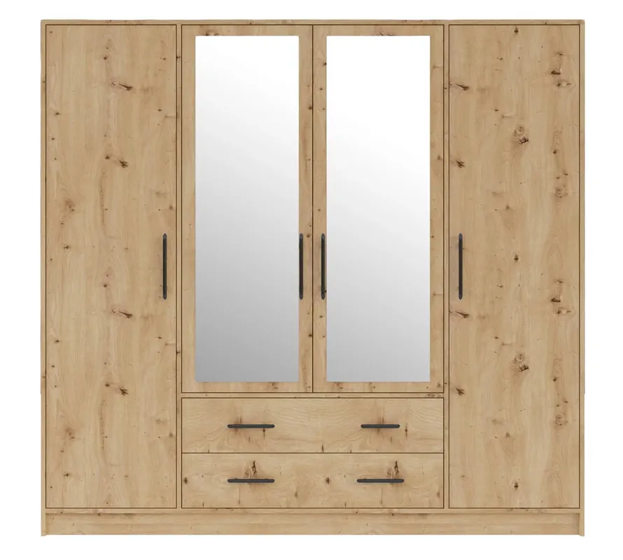Neu Im Sortiment Kleiderschrank mit Spiegel Caspe 200 cm Eiche handwerklich modernes Design ABS-Finish und schwarze Griffe