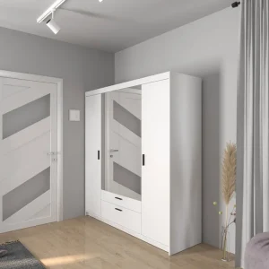Schrank mit Spiegel Rene 176 cm weiß modernes Design und ABS beendet Kanten Günstig
