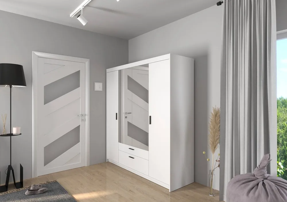 Schrank mit Spiegel Rene 176 cm weiß modernes Design und ABS beendet Kanten Günstig