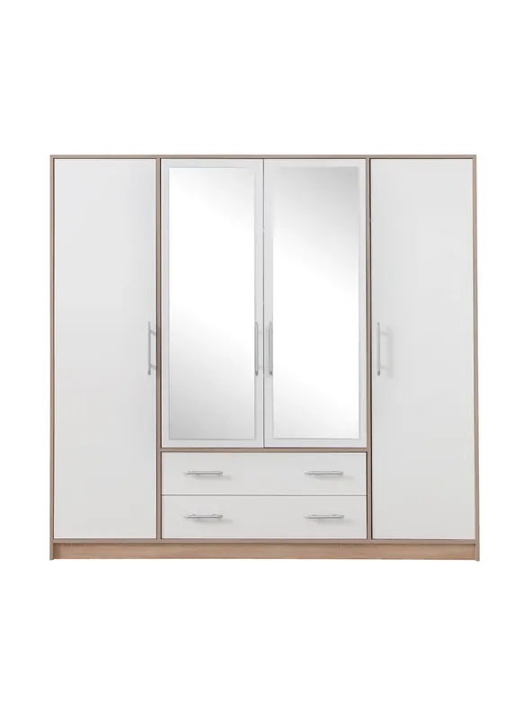 Neu Im Sortiment Kleiderschrank mit Spiegel Caspe 200 cm hell sonoma Eiche / weiß modernes Design ABS-Finish und Aluminiumgriffe