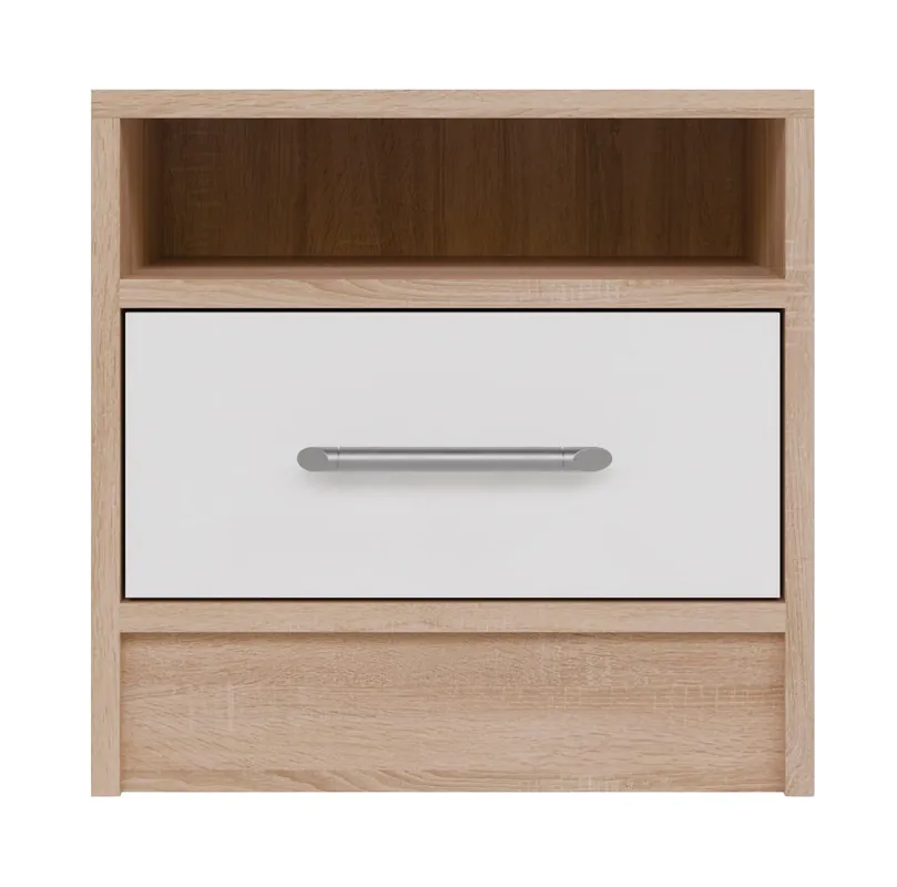 Nachttisch mit Schublade Caspe helle Eiche sonoma / weiß ist ein funktionelles Möbelstück in einem zeitlosen Design idealer Nachttisch für das Schlafzimmer Nur Für Kurze Zeit
