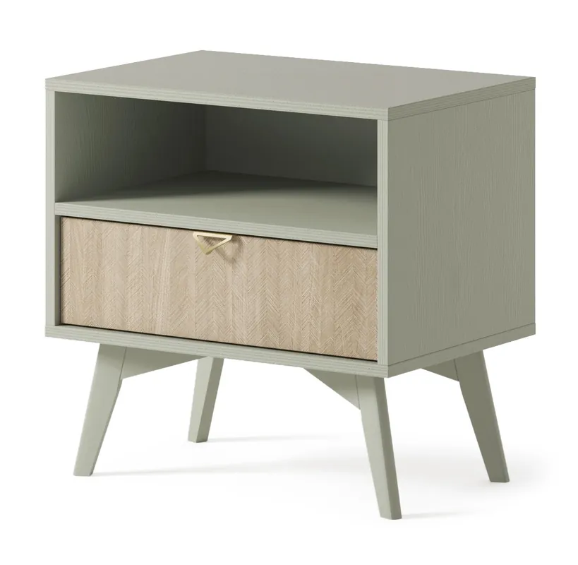 Wald Eukalyptus / Beige Fischgrät Nachttisch mit Schublade ideal Schlafzimmer Schrank geschmackvoll Fischgrät Dekor auf Schublade Front Wochenendangebot