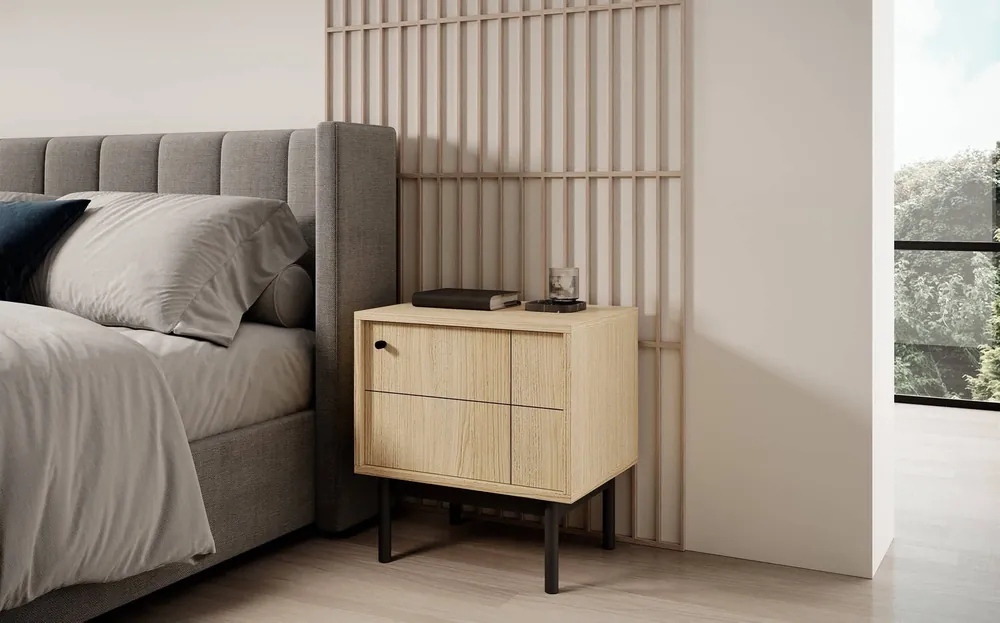 Preiswert Modesta Eiche linea Nachttisch ideal für ein Schlafzimmer-Set auf hohen Holzbeinen trendigen Farben