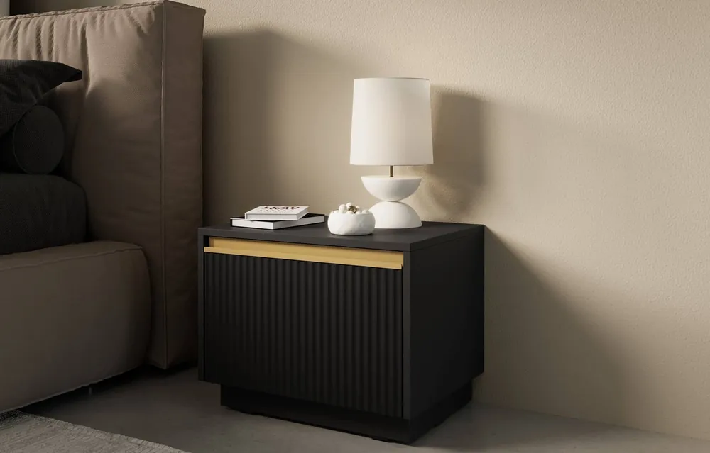 Imperial Nachttisch mit Schublade schwarz mit Hängeoption modischer Schlafzimmerschrank mit eleganter gefräster Front Finale Aktion