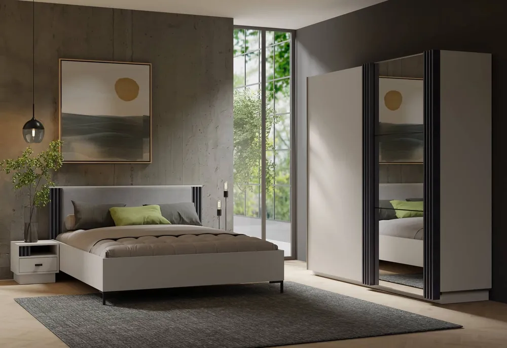 Möbelset für Schlafzimmer Estan beige/anthrazit Zeitloses Design Schlafzimmermöbel-Set geräumiger Schiebeschrank mit Spiegel Direktkauf
