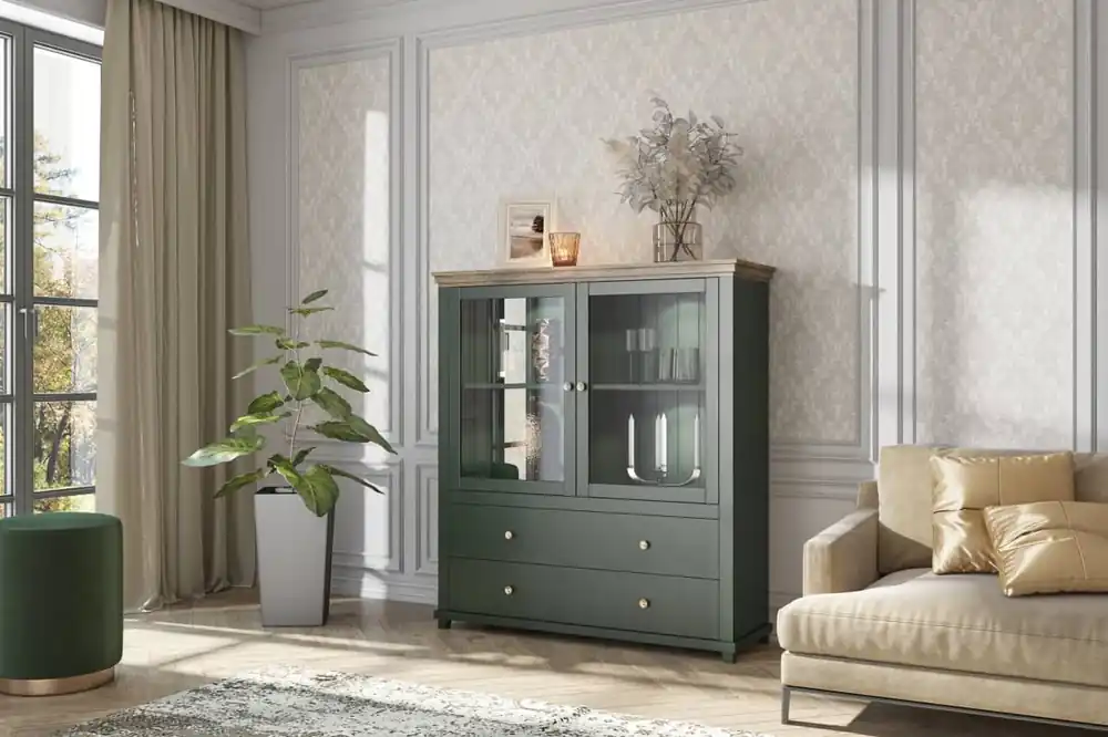 Evora 126 cm hohe Kommode Flasche grün / Eiche lefkas wird Liebhaber von ausdrucksstarken Interieurs ideal für das Wohnzimmer oder Esszimmer begeistern Bestseller