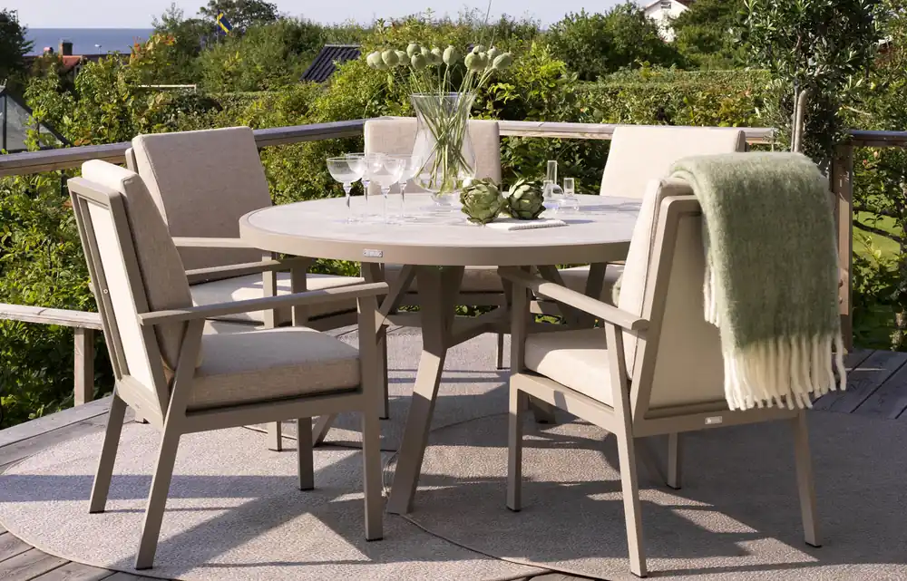 Geprüft Gartenmöbel Esstischgruppe Samvaro beige Tisch Ø 140 cm mit 6 Stühlen