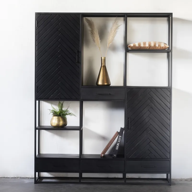 Schrank Regal BOB B 160 cm Mangoholz Fischgrät schwarz Bestpreis