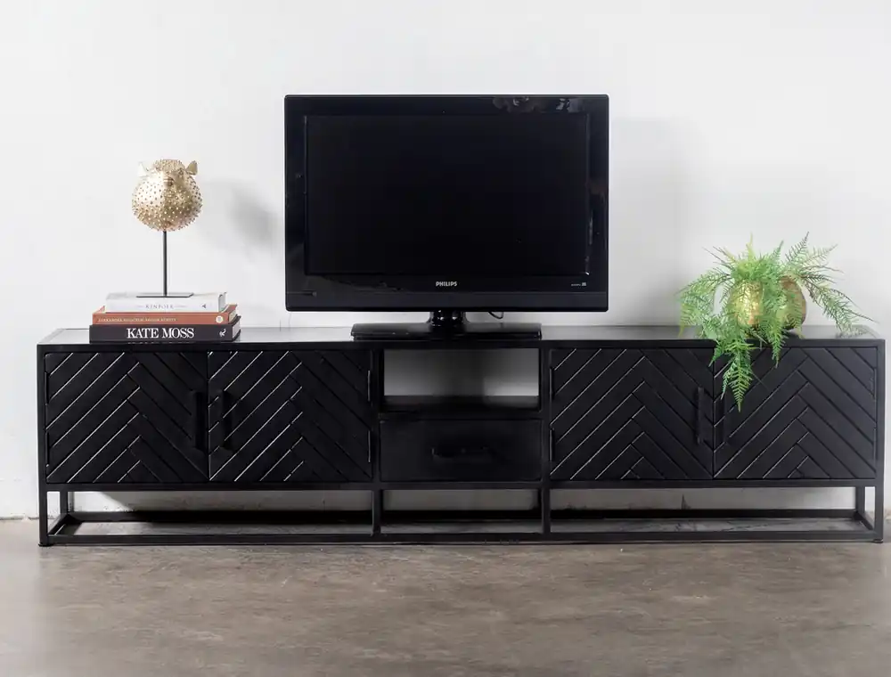 Industrie TV Möbel Lowboard BOB 210 cm Mangoholz Fischgrät schwarz Wochenendangebot
