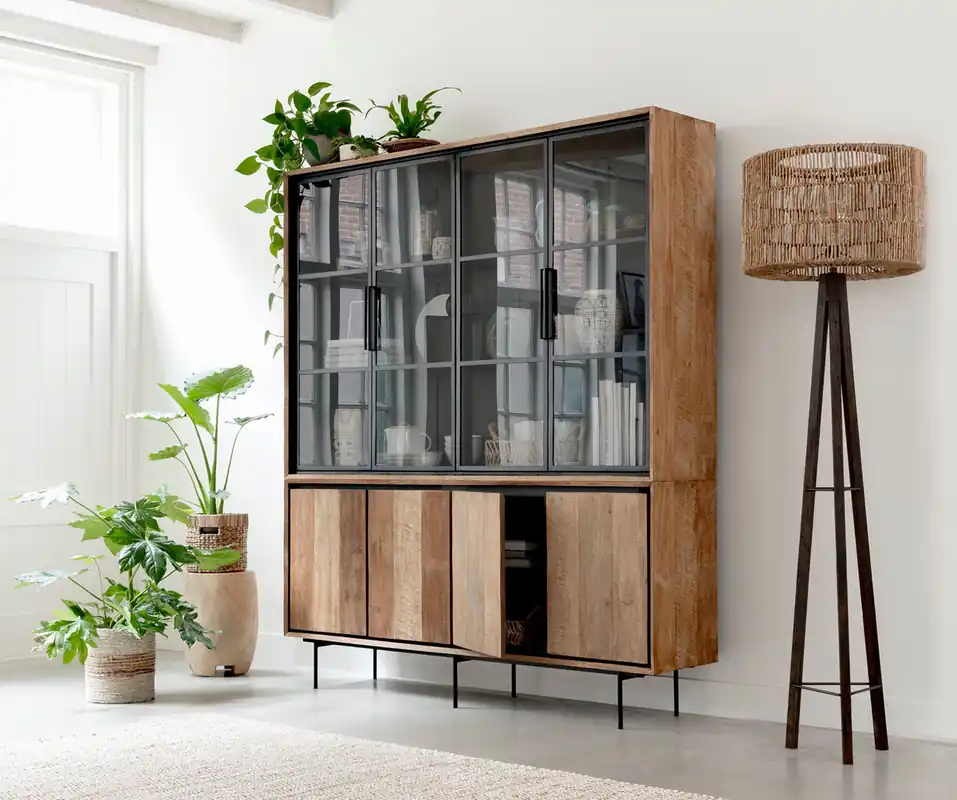 Vitrine Metropole B 180 cm Metall Teakholz Must-Have