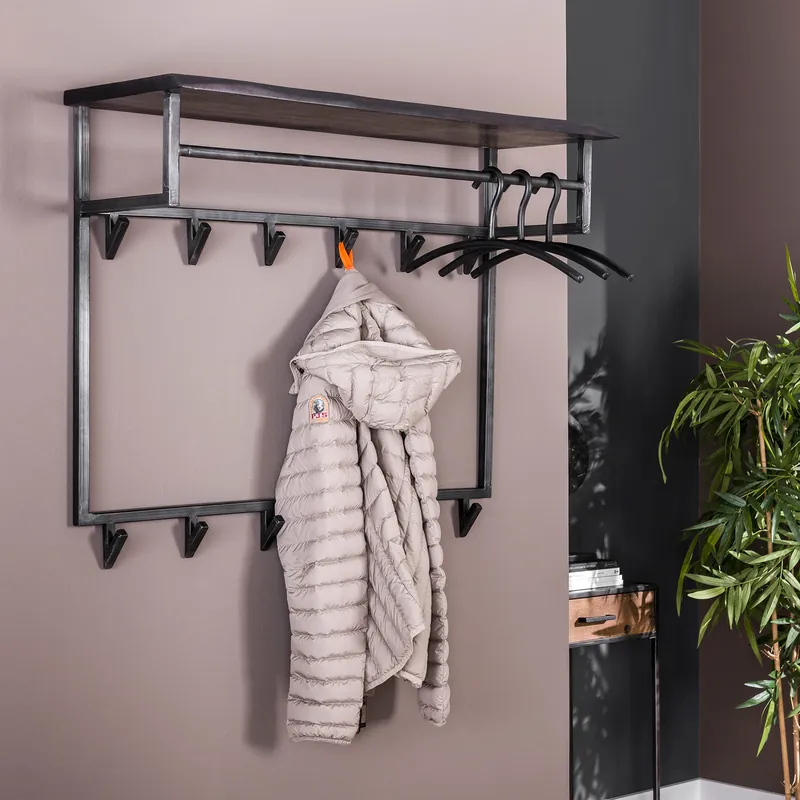 Wandgarderobe B 100 cm 12 Haken Metall Akazie Knallerangebot