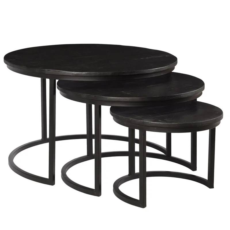 Preisknaller 3er Set Couchtisch rund Jerrel Kala Mangoholz schwarz