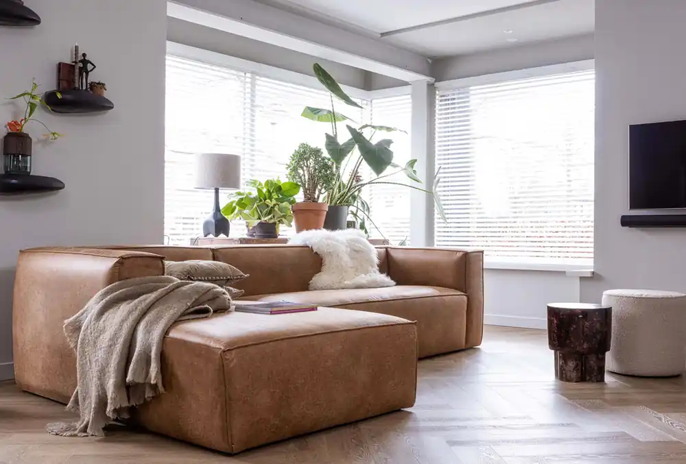 woood Ecksofa Sofa BEAN recyceltes Leder cognac links Begrenztes Angebot