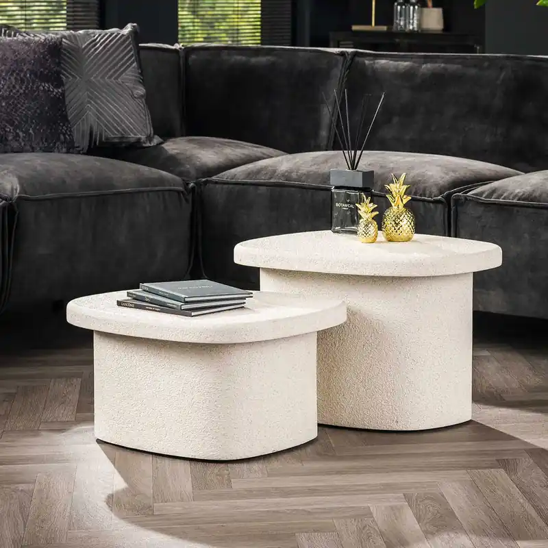 2er Set Couchtisch SOLID SURFACE organisch hellbeige Nur Für Kurze Zeit