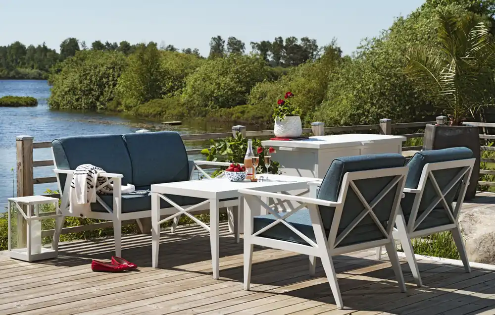 Wochenendangebot 4 tlg. Gartenmöbel Lounge Set Aluminium weiss incl. blaue Kissen