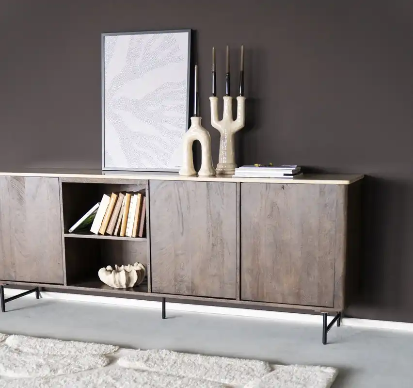 Neuheit Sideboard Lio 200 cm mit 3 Türen Mango massiv Travertin Naturstein