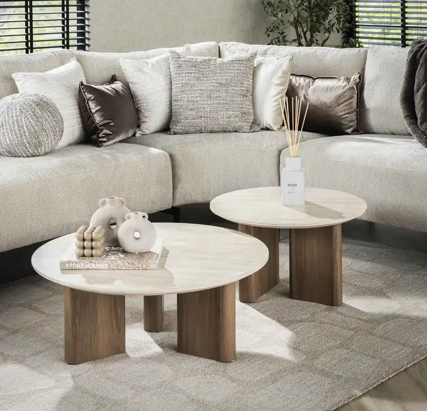 Neue Kollektion 2´er Set Couchtisch VENEZIA rund Keramik Travertin Optik beige