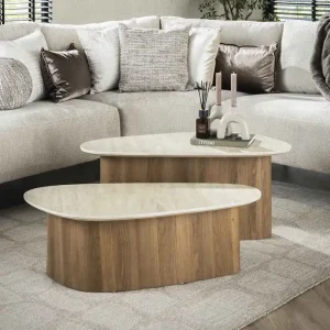 2´er Set Couchtisch PIAZZA dreieckig Keramik Travertin Optik beige Direktkauf