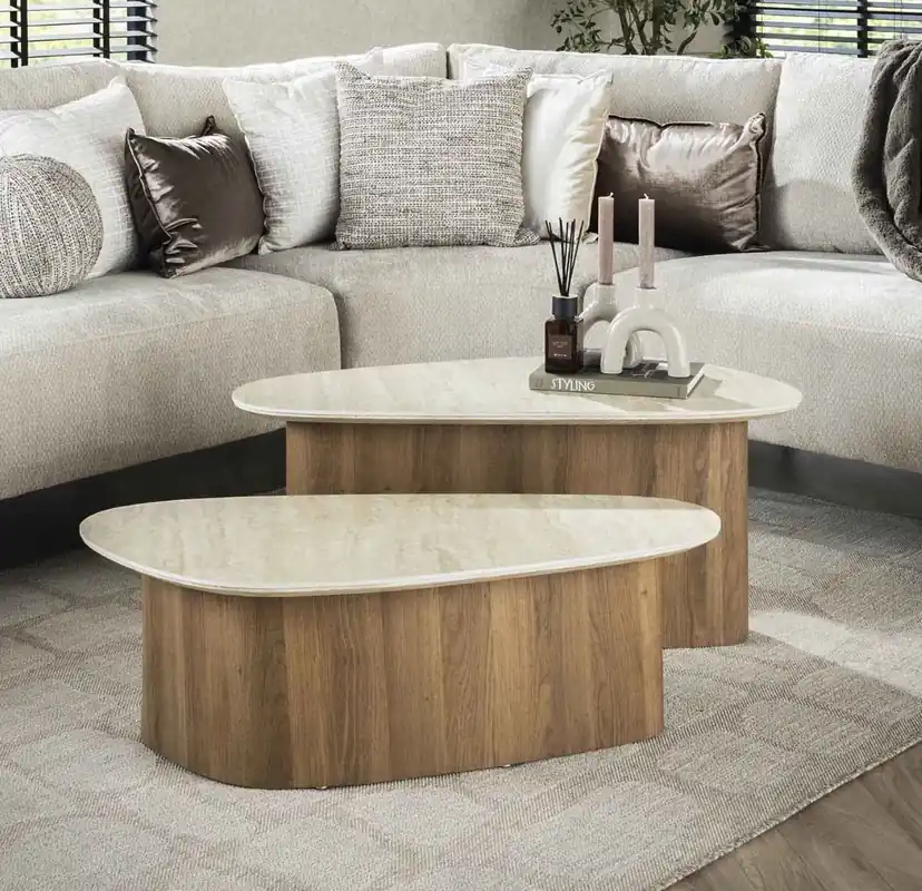 2´er Set Couchtisch PIAZZA dreieckig Keramik Travertin Optik beige Direktkauf