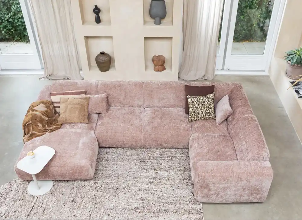 Wohnlandschaft Ecksofa rechts weicher Chenille Stoff taupe rosa Bestseller