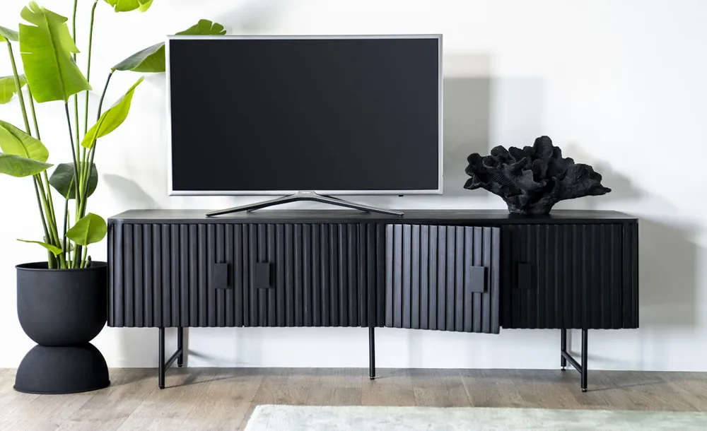 Begrenztes Angebot TV Möbel Remi 170 cm mit 4 Türen Mangoholz schwarz Lowboard