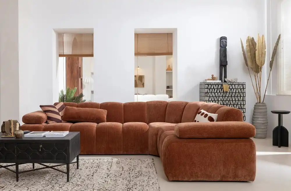 Top-Seller woood Ecksofa MOJO gerippter Stoff rostbraun Chaiselongue rechts
