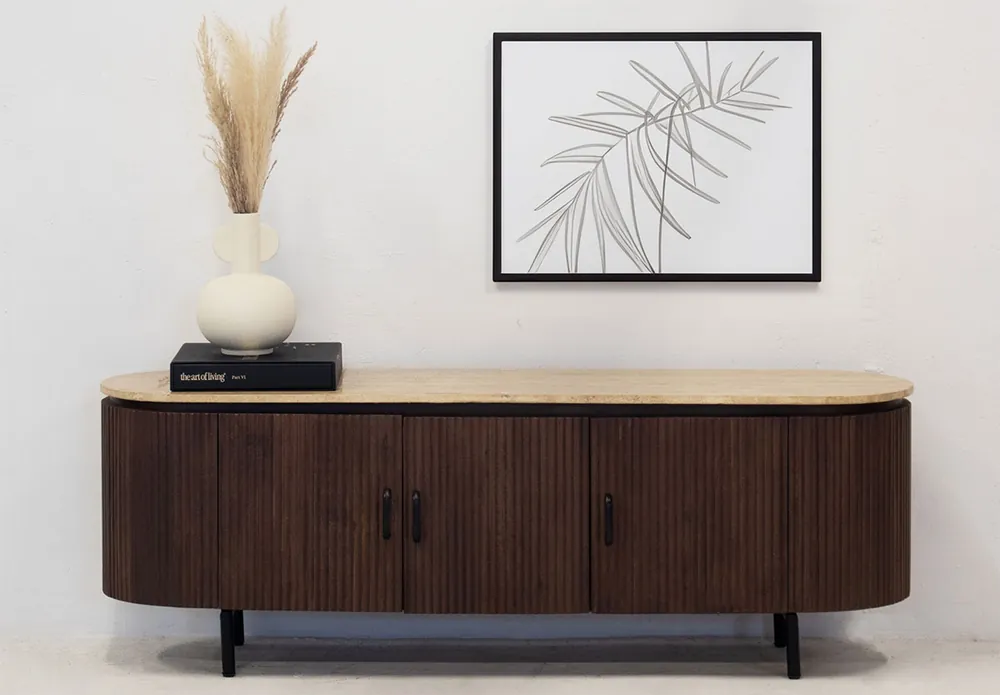 TV Möbel MARLOIR 160 cm mit 3 Türen Mangoholz braun Travertin Markenprodukt