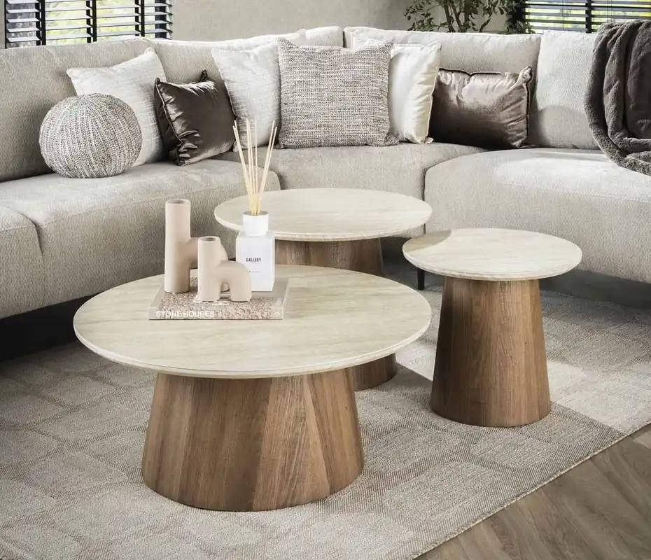 Abverkauf 3´er Set Couchtisch VENEZIA rund Keramik Travertin Optik beige