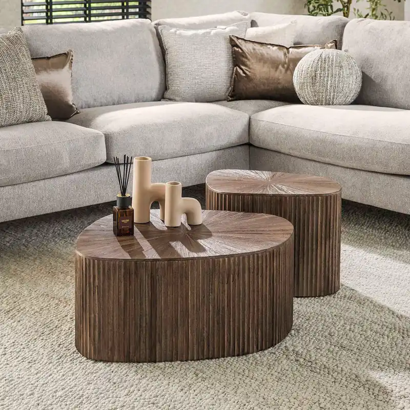2er Set Couchtisch Viereckform XL Teakholzholz dunkelbraun Schnäppchen