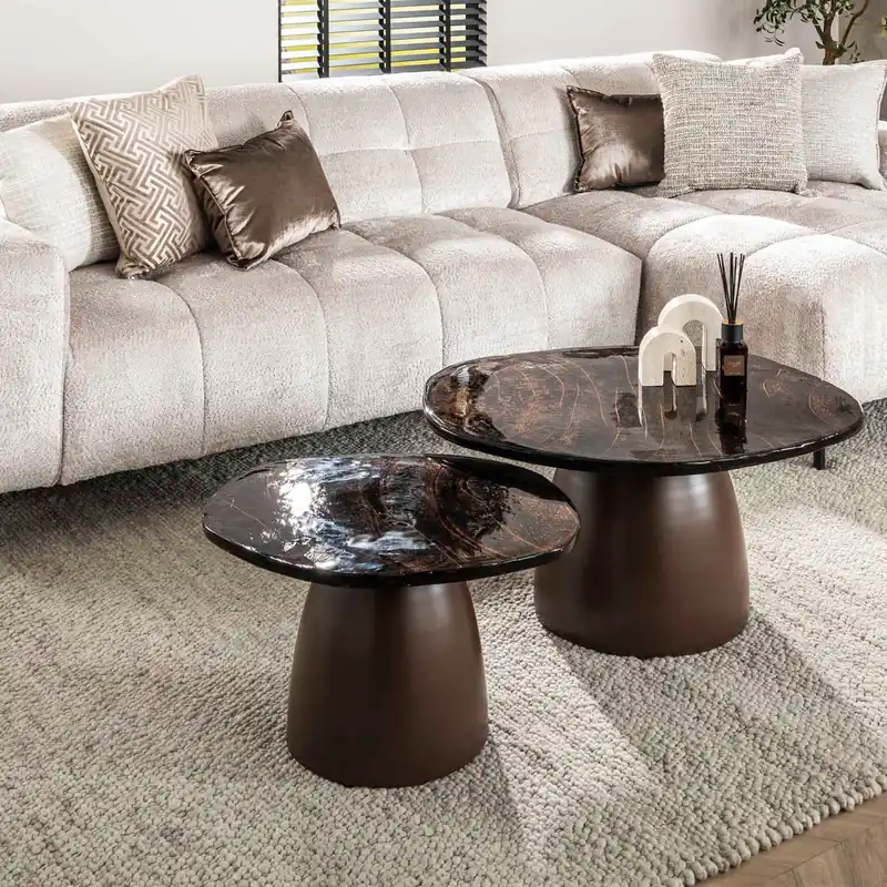 2er Set Couchtisch Ellipse Glas Kupfer antik Finish Solange Der Vorrat Reicht