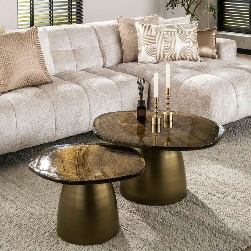 2er Set Couchtisch Ellipse Metall Glas Gold antik Finish Echt