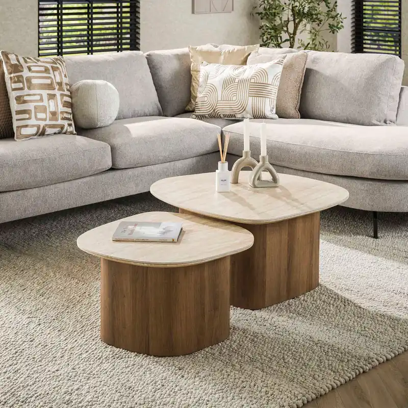 2er Set Couchtisch Rolin Travertine Holzfuß Sonderangebot