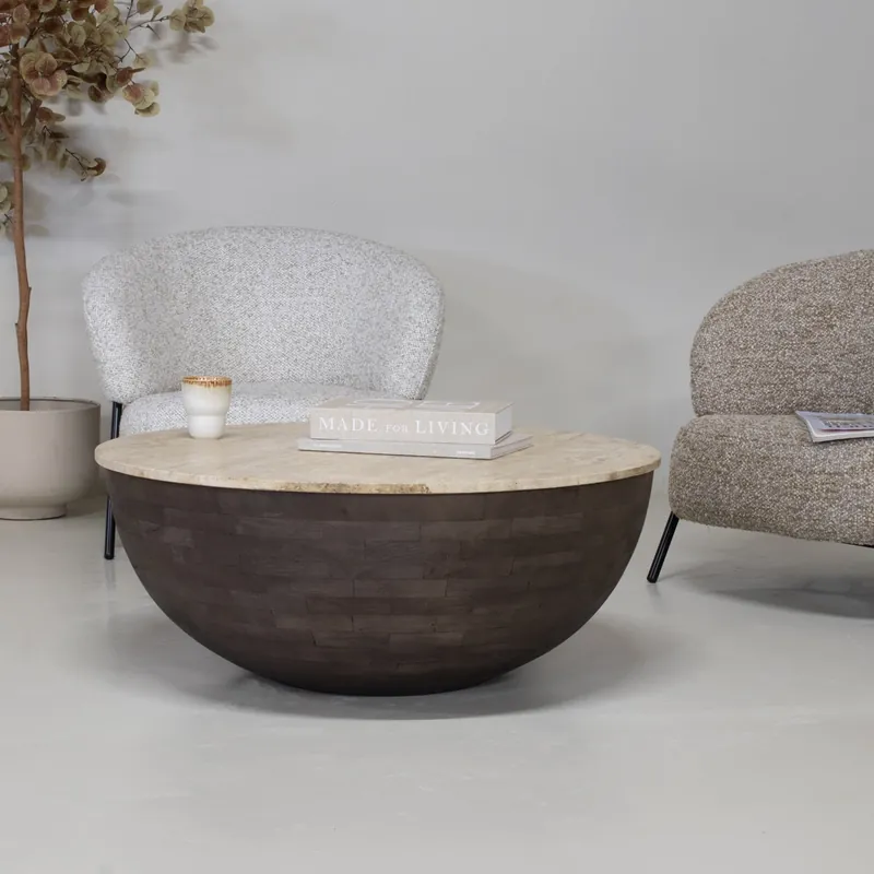 Mega-Angebot Couchtisch BOWL rund Ø 90 cm Mangoholz dunkelbraun Travertin
