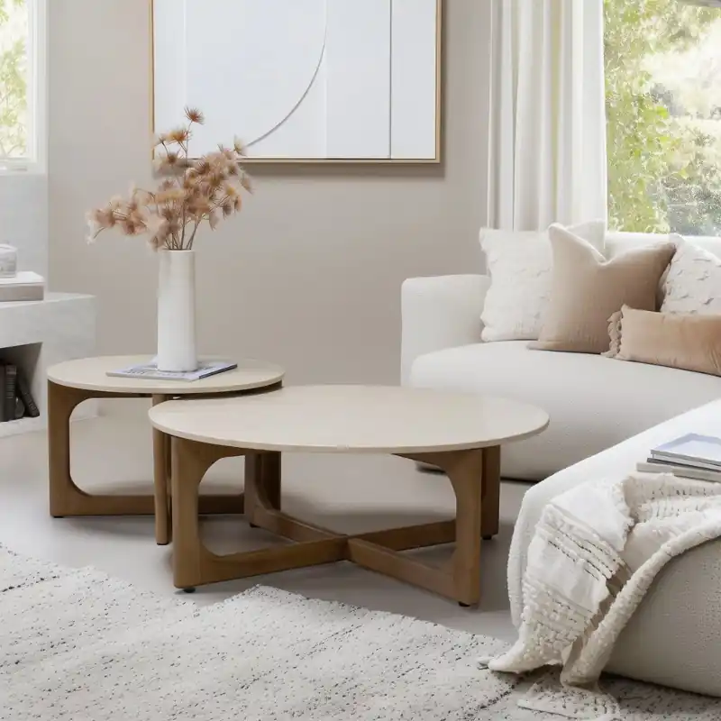 Heißes Angebot 2er Set Couchtisch Fino rund Mangoholz braun Marmor