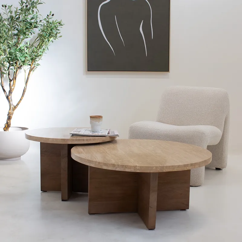 2er Set Beistelltisch Couchtisch Reno rund Ø 60 & 80 cm Travertinplatte Mangoholz dunkel Tisch Rabatt