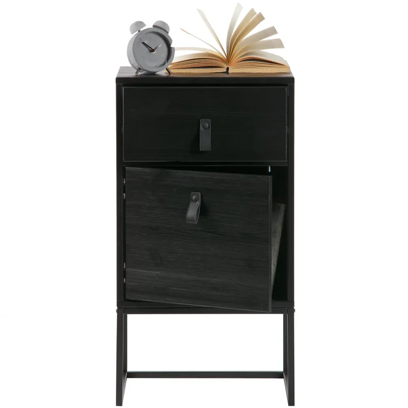 Bestpreis Nachtschränkchen ZOLA H 74 cm mit Schublade und Tür Metall Kiefernholz schwarz